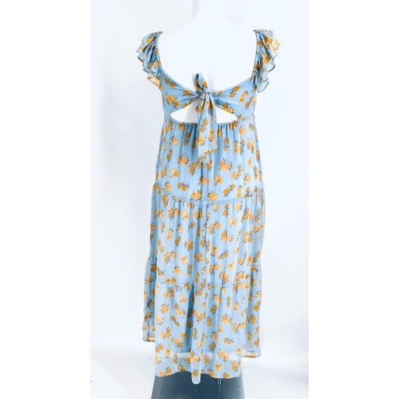 Lush Blue Yellow Floral Midi Dress Size Medium Flutter Sleeve Floral Tie Back - Picture 7 of 13